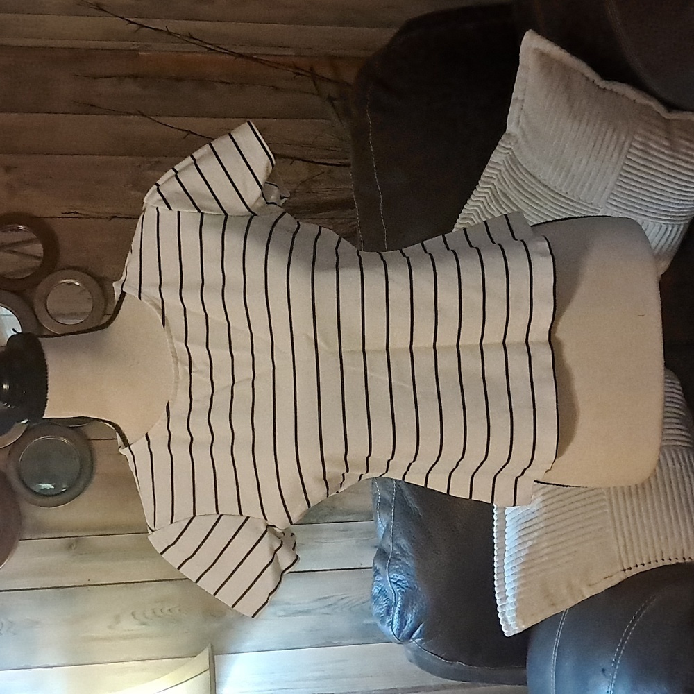 Adrienne Vittadini Black & White Striped Crew Neck Cropped Short Sleeve Top L